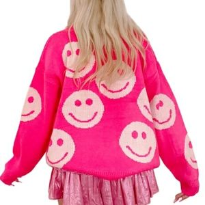 Smiley Babe Pink Sweater Boutique Preppy Vibe Neon Womens Top Crew Neck